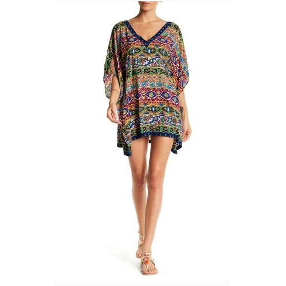 Nanette Lepore Caftan Womens Large Multicolor Boho Print Swim Coverup - Picture 1 of 9